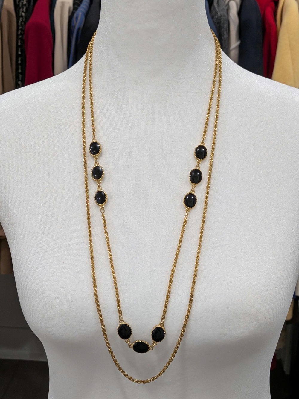 Vintage Gold Tone Double Strand Necklace with Black Cabochons – Layered Rope Cha